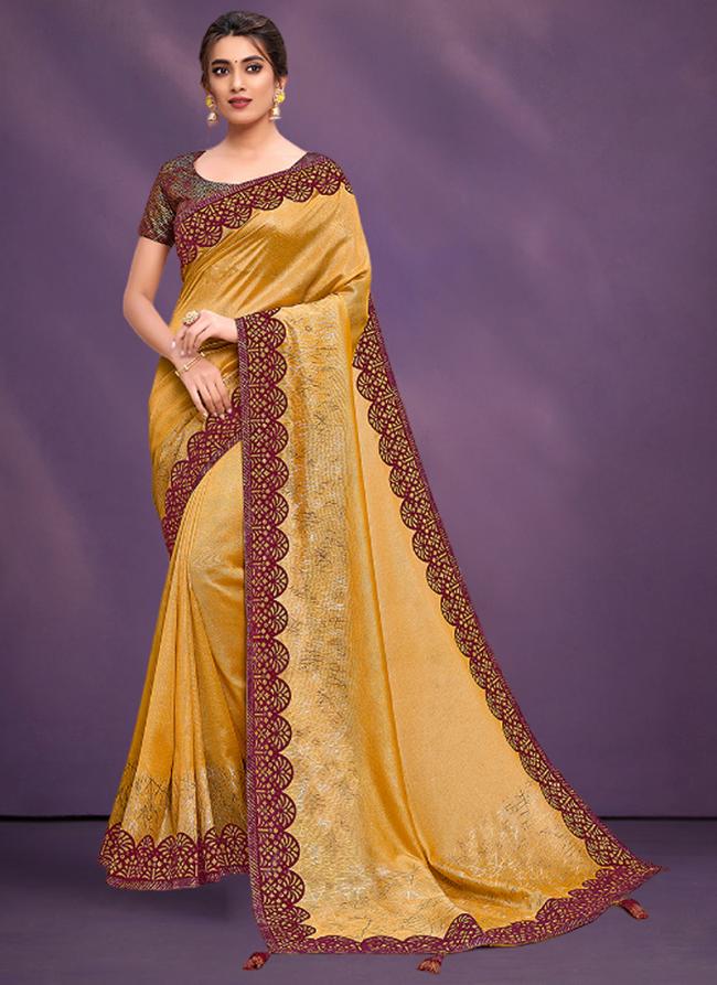  Silk Georgette Yellow Wedding Wear Embroidery Work Saree